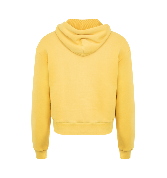 Image 2 of 2 - YELLOW - Acne Studios Hooded Sweatshirt featuring sprayed cotton fleece, regular unisex fit, waist-length, long sleeves, zip-up front, drawcord hood, ribbed cuffs and hem, kangaroo pockets and Acne Studios 1996 logo stamp on chest. 100% cotton. 