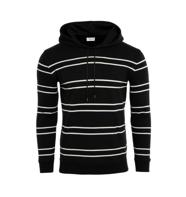 Image 2 of 4 - BLACK - SAINT LAURENT Striped Hoodie featuring embroidered logo at the chest, horizontal stripe pattern, drawstring hood, long sleeves, front pouch pocket and ribbed cuffs and hem. 100% cotton. 