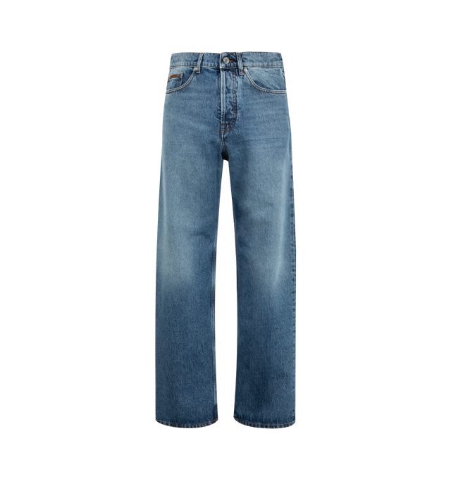 Image 1 of 1 - BLUE - Moncler Men's Straight Leg Denim Jeans are crafted from comfortable cotton denim and feature a straight-leg silhouette designed for versatile everyday wear. Detailed with a zip and snap-button closure, five-pocket construction, and a logo patch at the back, these jeans combine timeless styling with contemporary functionality. Main Material: 100% Cotton. Leather Patch: Cow Leather. Made in Italy. 