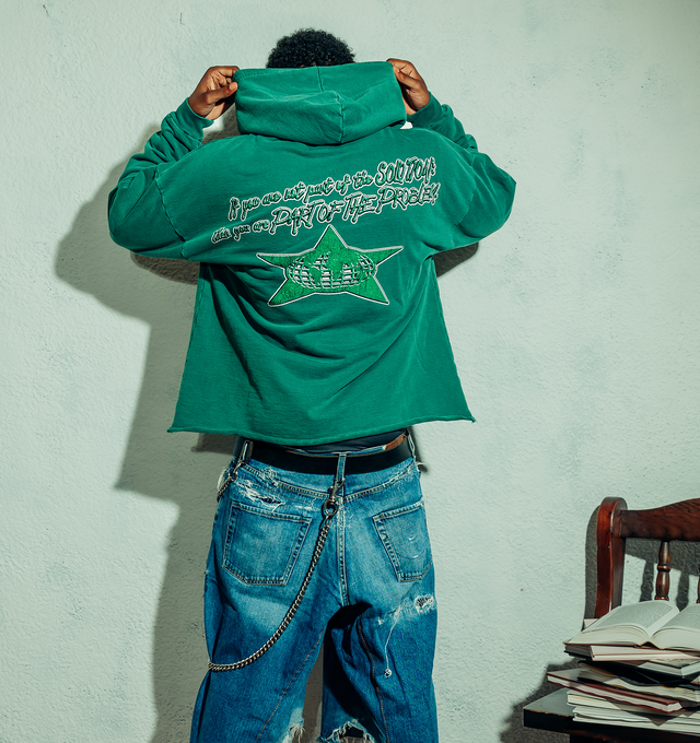 Image 6 of 8 - GREEN - BARRIERS NY X Essential Hoodie featuring pigment dyed, screen printed graphic, ribbed cuffs and hood. 100% cotton.  