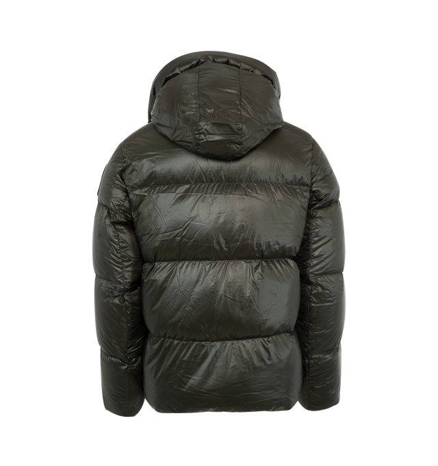 Image 2 of 3 - NAVY - Canada Goose Crofton Puffer Jacket has a down-filled adjustable hood, reflective details, a spread collar, a 2-way zipper front, side zip pockets, an interior storm flap, Power Stretch cuffs, an interior drawcord, a packable interior left pocket. Wind-resistant and water-repellent. Sustainable materials. Made in Canada.  