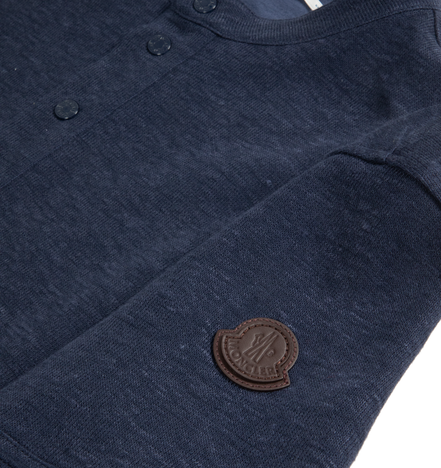 Image 2 of 2 - NAVY - MONCLER Polo Shirt featuring a cotton, linen and viscose blend, collar, short sleeves, snap button closure and double leather logo patch. 52% cotton, 24% flax/linen, 22% viscose/rayon, 2% polyamide/nylon. 