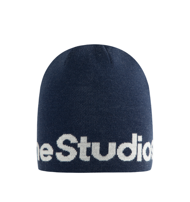 Image 1 of 3 - BLUE - Acne Studios Rib Knit Beanie with Logo is crafted from chunky ribbed material and features the brand's signature Face logo at the front. Designed with a classic comfortable one-size silhouette, this designer beanie combines cold-weather functionality with Acne Studios' distinctive minimalist aesthetic.  