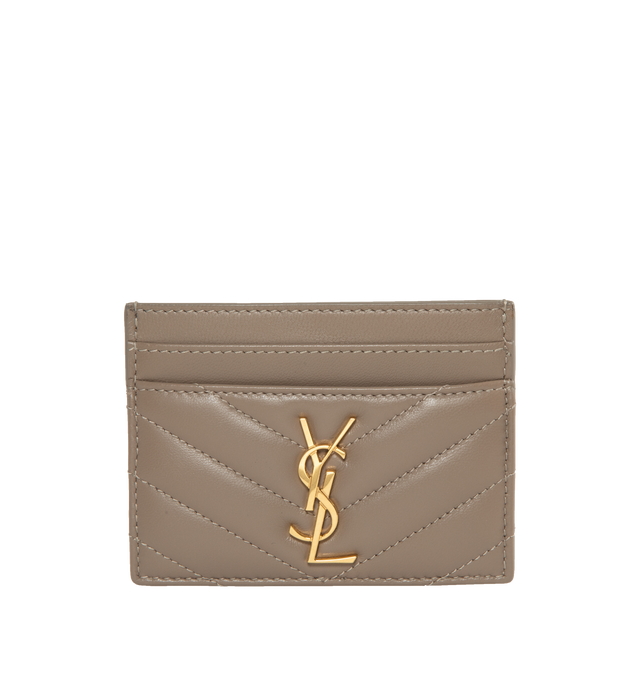 GREY - SAINT LAURENT Monogram Card Case featuring five card slots, gold tone hardware,the cassandre and chevron-quilted overstitching. 4 X 2.8 X 0.1 inches. 100% lambskin. Made in Italy. 