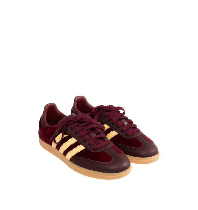 Image 2 of 5 - RED - ADIDAS Samba OG Sneaker featuring a luxe velvet and smooth leather upper, regular fit, lace closure, three stripes, synthetic lining and rubber outsole. 