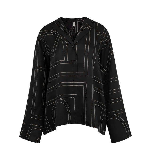 Image 2 of 4 - BLACK - TOTME Monogram Silk PJ Top has a lapel collar, mother of pearl buttons, and all-over monogram embroidery. 100% silk.  