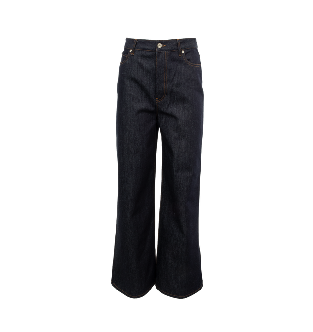 BLUE - LOEWE High Waisted Jeans featuring regular fit, long length, high waist, slouchy leg, concealed button fastening, five pocket style and LOEWE embossed leather patch placed at the back. 100% cotton. Made in Italy.