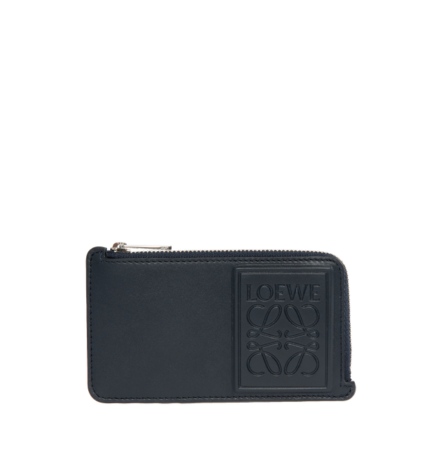NAVY - LOEWE Coin Cardholder featuring debossed LOEWE Anagram patch, four card slots, zip coin compartment and calfskin lining.  3 x 5.1 x 0.4. Satin calf. Made in Spain.