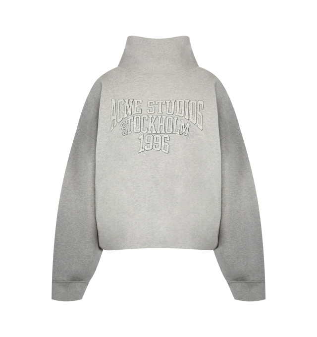 Image 1 of 2 - GREY - Acne Studios Women Fleece Logo Sweatshirt is crafted from brushed cotton fleece and features a funnel neckline, seasonal logo artwork, ribbed trims, and a balloon hem for a relaxed, softly gathered silhouette. This designer cotton sweatshirt combines premium comfort with contemporary Scandinavian design, making it an elevated everyday layering piece. Main Material: 100% Cotton. Lining: 100% Cotton. Made from Organically Grown Cotton. 