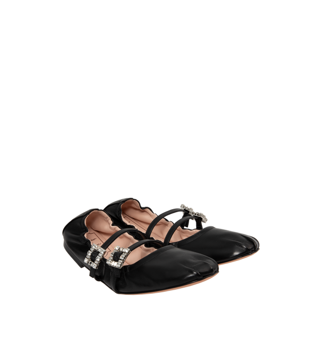 Image 2 of 4 - BLACK - ROGER VIVIER Mini Strap Leather Ballerina Flats featuring soft leather upper, elasticated back, top straps with crystal embellished buckle closures, leather lining and insole and leather sole. 100% lambskin. 