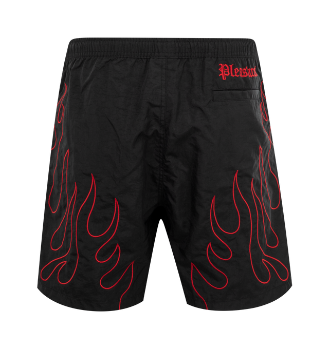 Image 2 of 3 - BLACK - PLEASURES Fiery Running Shorts featuring two pockets at sides, single slit pocket at back, embroidered flame prints at front and back, embroidered logo text at back and elastic waist.  