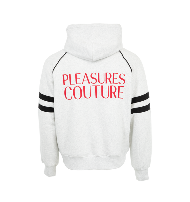 Image 2 of 3 - GREY - Pleasures Couture Hoodie has an attached hood, contrast stripes on the sleeves, contrast binding, a kangaroo pocket, and ribbed trims. 100% cotton.  