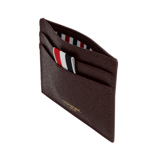 Image 3 of 3 - BROWN - Thom Browne signature card holder in rich, luxe lucido leather featuring 2 card slots, 1 note compartment, tricolor stripe lining, gold foil logo and signature striped grosgrain loop tab. 100% Calf Full Grain Leather.  Lining: 68% Polyester Recycled, 27% Polyester, 5% Acrylic. Made in Italy. 