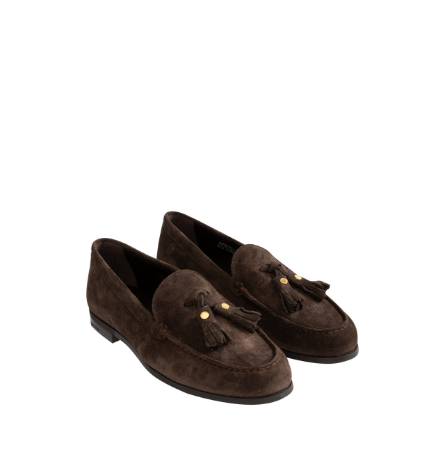 Image 2 of 4 - BROWN - CHURCH'S Priscilla Suede Tassel Loafers featuring almond moc toe, notched vamp with tassels, slip-on style and leather outsole. Made in Italy. 