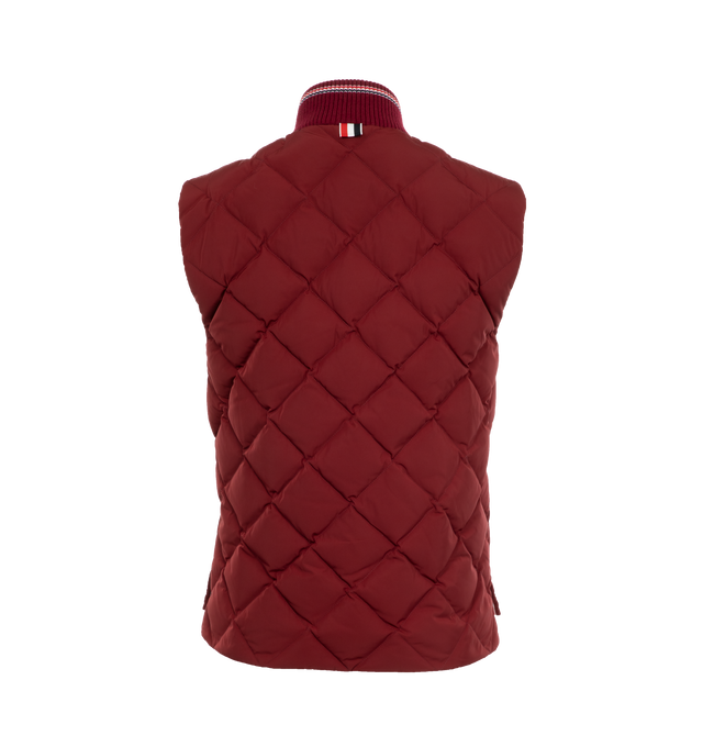 Image 2 of 3 - RED - THOM BROWNE Diamond Quilted Classic Down Vest featuring down-feather filling, signature grosgrain loop tab, signature grosgrain side tabs, gold-tone buttons, diamond quilting, padded design, baseball collar, front press-stud fastening, sleeveless, two press-stud fastening side pockets, high-low hem and RWB stripe lining. 100% polyester. Filling: 80% goose down, 20% goose feather. 