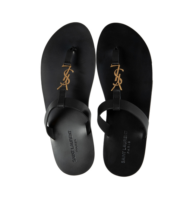 Image 4 of 4 - BLACK - SAINT LAURENT Cassandre Slides featuring flat sandal, t-strap arch band, metal cassandre on front and leather sole. Made in Italy.  