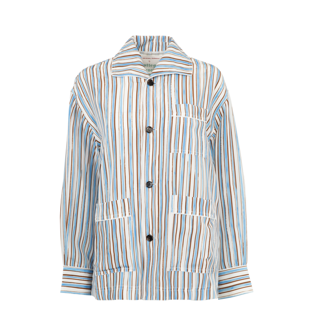 Image 2 of 6 - BLUE - Bottega Veneta Striped Pajama Set has a round collar top with button cuffs, patch pockets that coordinate with elastic waist button fly bottoms that offer side pockets, and a string leg fit. 100% silk. Made in Italy.  