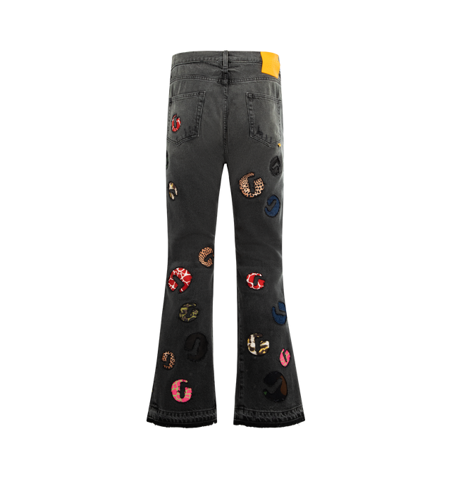 Image 2 of 2 - BLACK - GALLERY DEPT. G Time LA Flare Jean featuring slim fit silhouette with a wide leg opening, 5-pocket design, adorned with assorted denim and leather G-patches, each pair is individually distressed, reinforced, and repaired, patchwork detailing with cut-out and sewn-underneath construction, GD custom hardware, hand-painted and stained by artisans at our Los Angeles maison, debossed tan leather GALLERY DEPT. jacron on the back waistband and released hem. 100% cotton. Made in USA. 