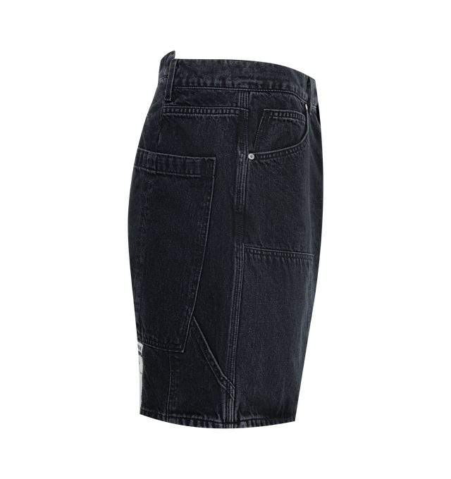 Image 3 of 3 - BLACK - B1 ARCHIVE Carpenter Shorts featuring wide-leg, button and zip closure, mid thigh and 5 pocket. 100% cotton.  