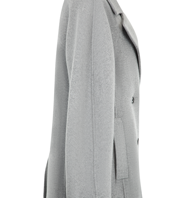 Image 3 of 3 - GREY - Toteme Women's Rounded Peacoat is crafted from a substantial wool and cashmere blend and features rounded sleeves that create a sculptural, cocooning silhouette. Designed in an oversized fit with long sleeves, this designer coat features a double-breasted construction, two pockets, and a fully lined interior, falling at the top of the thigh for a modern proportion. Main Material: 49% RWS Wool, 24% Recycled GRS Wool, 22% Recycled GRS Polyamide, 5% Recycled GRS Cashmere. Lining: 100% Vis 