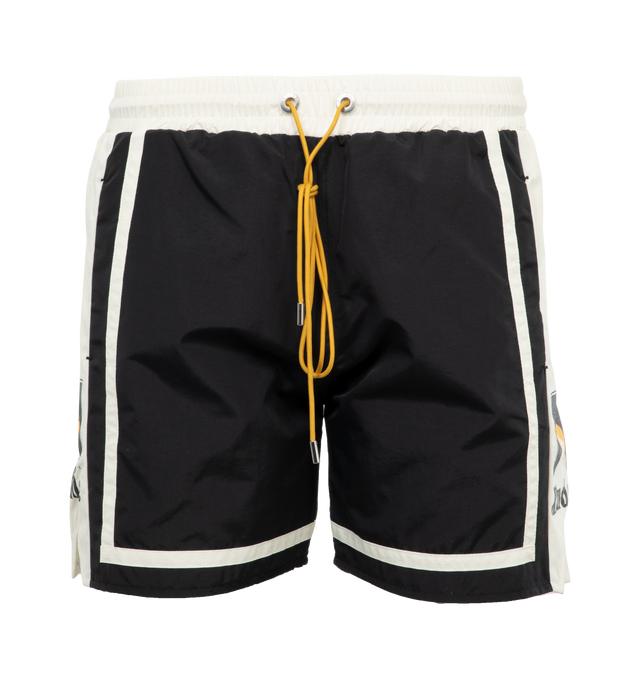 BLACK - RHUDE Moonlight Short featuring drawstring at elasticized waistband, three-pocket styling, vented cuffs, logo graphic printed and stripes at outseams, full twill lining and logo-engraved silver-tone hardware. 100% nylon. Lining: 100% lyocell. Made in United States.