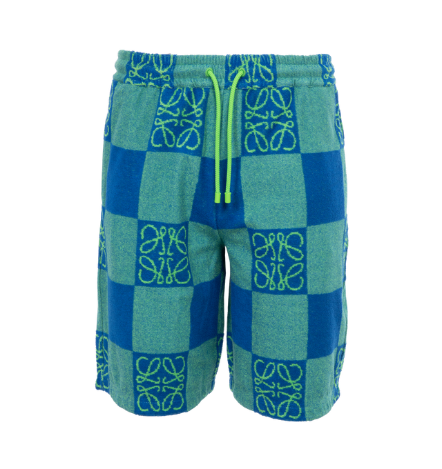Image 1 of 4 - BLUE - Loewe Paula's Ibiza Shorts crafted in Anagram terry cotton jacquard ina  relaxed fit featuring elasticated waist with drawstring, seam pockets and rear welt pocket.Loewe Paula's Ibiza 2024 collection is inspired by the iconic Paula's boutique, synonymous with the counter cultural movement of 1970s Ibiza, captures the liberated vibe of summer with high impact prints, effortless styling, and a renewed focus on craft. 