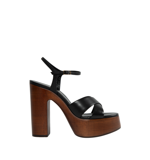 BLACK - SAINT LAURENT Bianca Platform Sandal featuring an adjustable ankle strap, wooden block heel and leather sole. 4.9 inches total heel height. 1.6 inch platform. 100% calfskin leather.