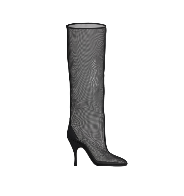 Image 1 of 1 - BLACK - Alaa Women's Knee Boots in Mesh feature the house's signature transparent silhouette, combining airy mesh construction with refined craftsmanship. Designed with a sleek knee-high profile, these slip-on boots are finished with ribbon fabric trims and a sculptural 100 mm heel for a striking, modern look. Upper: 100% Polyester Mesh. Lining: 100% Lamb Leather. Sole: 50% Calf Leather, 50% Rubber. Heel Height: 100 mm / 3.9 in. Closure: Slip-On. Made in Italy. 