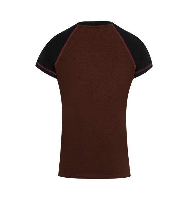 Image 2 of 2 - BROWN - Loewe Women's T-shirt in lightweight stretch cotton and viscose jersey featuring a contrast ringer collar and raglan sleeves. Small fit, regular length, crew neck, contrast topstitching, Anagram embroidery placed at the front. Cotton/Viscose/Elastane. Made in Portugal. 
