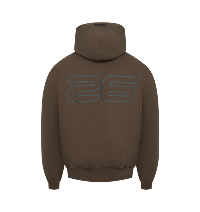 Image 2 of 2 - BROWN - FEAR OF GOD ESSENTIALS Heavy Fleece 90s Hoodie featuring 520gsm heavy fleece treated with a pigment dye, an oversized 90s-inspired silhouette, exaggerated proportions with dropped shoulders for a relaxed drape, HD-printed graphic logo on the front and 26 on the back, kangaroo pocket, rib-knit cuffs, waist-hem and a Fear of God Essentials rubberized label stitched on the hood. 100% cotton. 