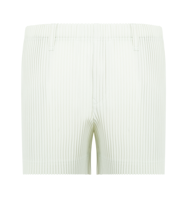 Image 1 of 3 - GREEN - Issey Miyake Men's shorts designed for portability and lightweight comfort, with the quick-drying properties unique to polyester. Featuring elastic waist with belt loops, pockets on both sides and button-fly design. 100% Polyester. Made in The Philippines. 
