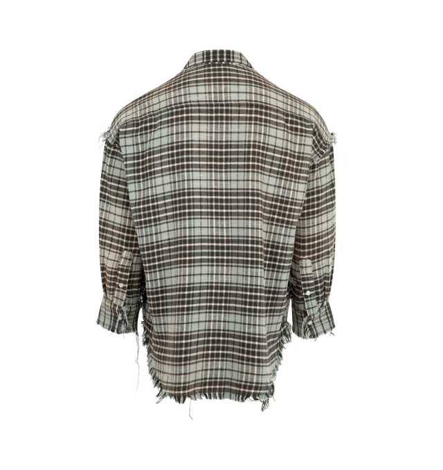 Image 2 of 2 - GREEN - R13 Shredded Seam Drop Neck Shirt featuring spread collar, button closure, patch pocket at chest, shirttail hem, dropped shoulders and single-button barrel cuffs. 
