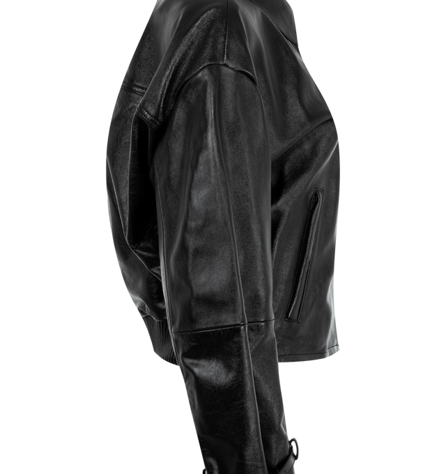 Image 3 of 3 - BLACK - Acne Studios Leather Jacket has a shirt collar, 2-way zipper closure, elastic back hem, front zipper pockets, and belted cuffs. Fully lined. 100% leather.  