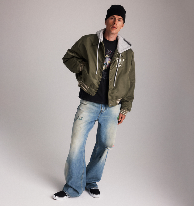 Image 3 of 5 - GREEN - NAHMIAS Nylon Hooded Bomber featuring cotton fleece hood, zip front fastening and snap closures, striped rib waistband and cuffs, N patch on front and boxy fit. 100% nylon.  