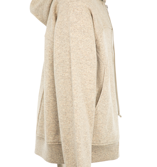 Image 3 of 3 - NEUTRAL - Rick Owens Men's Windbreaker Hoodie featuring heavyweight cotton jersey hoodie, drawstring at hood, press-stud at zip closure, seam pockets at front, rib-knit hem and cuffs, yoke sleeves, central seam at back and logo-engraved silver-tone hardware. 100% cotton. Made in Italy. 
