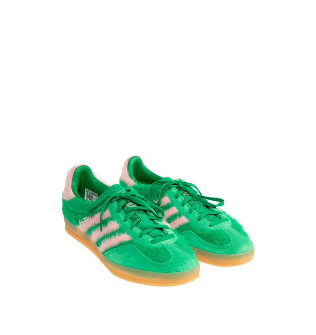 Image 2 of 5 - GREEN - ADIDAS Gazelle Indoor Sneaker featuring highpile textile upper, T-shaped overlays, 3-Stripes design and rubber sole. 