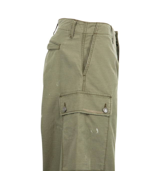 Image 3 of 3 - GREEN - COUT DE LA LIBERTE Monty Twill Slub Barrel Cargo Pant featuring barrel legs, button zip front closure, 2 side pockets, 2 back welt pockets, 2 cargo pockets and belt loops. 100% cotton. Made In USA. 