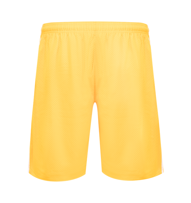 Image 2 of 3 - YELLOW - GALLERY DEPT. Venice Court Shorts featuring breathable mesh jersey with a GD ENGLISH logotype at front, balloon fit with an elasticized waistband and inner drawstring, front slip pockets, white striped piping over seams and double lining. 100% Polyester. Made in USA. 