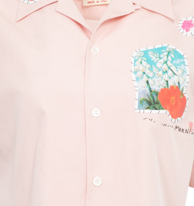 Image 3 of 3 - PINK - MARNI Patch Shirt featuring spread collar, button closure, cropped hem, short sleeves and embroidered patches. 100% organic cotton. Made in Italy. 
