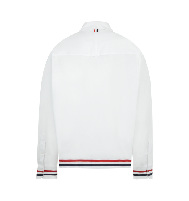 Image 2 of 3 - WHITE - THOM BROWNE RWB Rugby Oxford Shirt featuring cotton oxford cloth shirt, spread collar, button closure, patch pocket at chest, stripe appliqus at hem and cuffs, button vent at side seams, buttoned barrel cuffs, tricolor grosgrain flag at back collar and pleats and locker loop at back yoke. 100% cotton. Made in Italy. 
