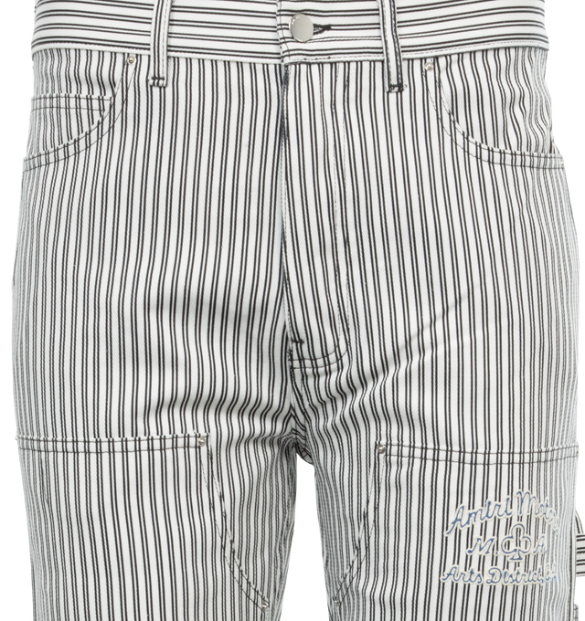 Image 4 of 4 - MULTI - AMIRI Striped Carpenter Pants featuring regular rise, five-pocket style, reinforced front legs, painter loop at side, utility pockets on legs, full length, relaxed fit through straight legs and button zip closure. 100% cotton. Made in Italy. 