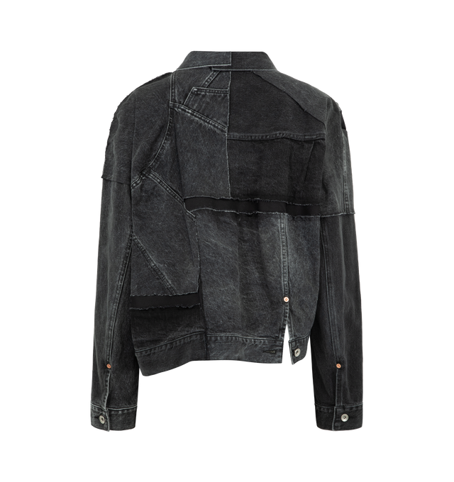 Image 2 of 4 - BLACK - SACAI Denim Jacket featuring fading throughout, spread collar, button closure Flap pocket at front, buttoned barrel cuffs, patchwork throughout and asymetrical hem. 100% cotton. Made in Japan. 