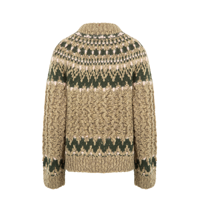 Image 2 of 3 - BROWN - MONCLER GRENOBLE Geometric Jacquard Wool Blend Sweater featuring a wool and nylon blend, jacquard knit, crew neck, 1.5 gauge and regular fit. 68% virgin wool, 25% polyamide/nylon, 6% silk, 1% elastane/spandex. Made in Italy. 