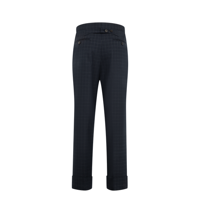 Image 2 of 3 - NAVY - Thom Browne Women's Classic Backstrap Trouser with Self Tipping in Windowpane Check Cotton Wool Suiting is tailored from a cotton-blend suiting fabric and features a refined windowpane check pattern and its signature backstrap detail.  Main Material: Cotton Blend. 