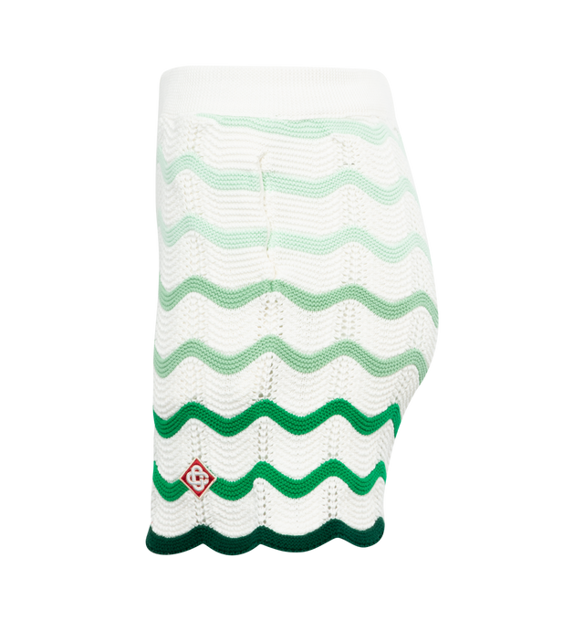 GREEN - CASABLANCA Gradient Wave Crochet Shorts featuring wave print, logo patch to the front and elasticated waistband. 100% cotton. 95% rayon, 5% polyester.