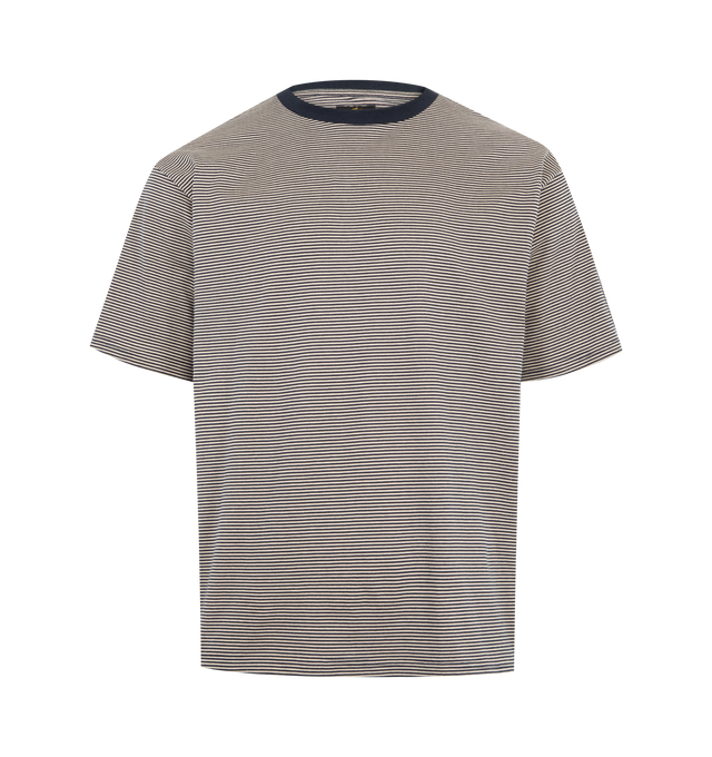 Image 1 of 3 - NAVY - NEEDLES Stripe Jersey Crew Neck Tee featuring a classic striped design, crew neck, short sleeves and regular fit. 100% cotton. Made in Japan. 