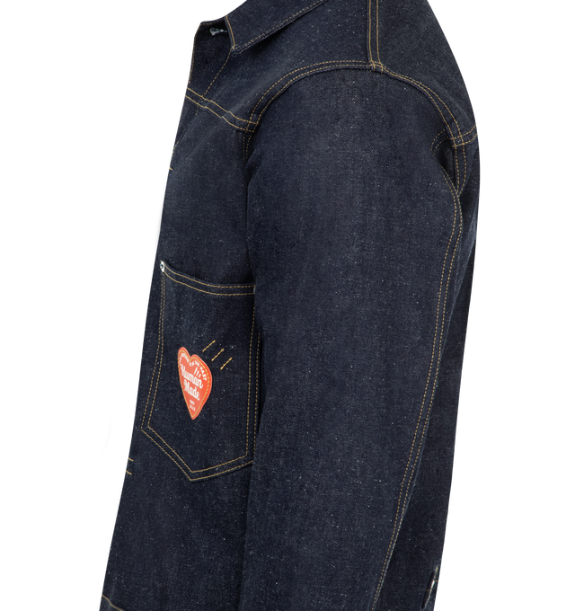 Image 3 of 3 - BLUE - HUMAN MADE Denim Work Jacket featuring a paper heart detail on the chest pocket, cinch-back and original HM buttons. 100% cotton.  