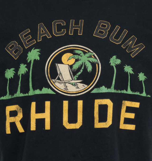 BLACK - RHUDE Palmera T-Shirt featuring rib knit crewneck, short sleeves and logo graphic printed at front. 100% cotton. Made in USA.