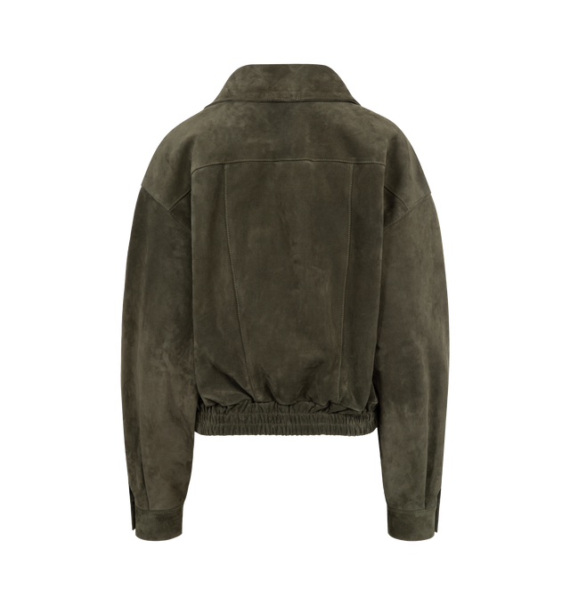 Image 2 of 3 - GREEN - SAINT LAURENT Vintage Split Leather Jacket featuring a stand collar, drop shoulders, shirred back waist, viscose and cotton lining, concealed zip closure with snap-button storm flap, two patch pockets with snap-button flap and two welt pockets at the front, one inner welt pocket, snap-button stand collar, snap-button cuffs and elasticized back hem. 100% calfskin. Made in Italy. This item may be restricted for online purchase to international clients. For assistance purchasing this ite 