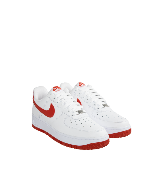 Image 2 of 5 - WHITE - NIKE Air Force 1 '07 lace-up sneakers in white with Dragon Red swoosh featuring padded collar, leather and textile upper, textile lining and Dragon Red rubber sole. 